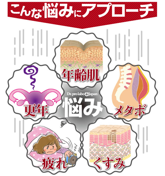 プラセンタWナイトセットは、こんな悩みにアプローチします、年齢肌・更年・メタボ・疲れ・くすみ