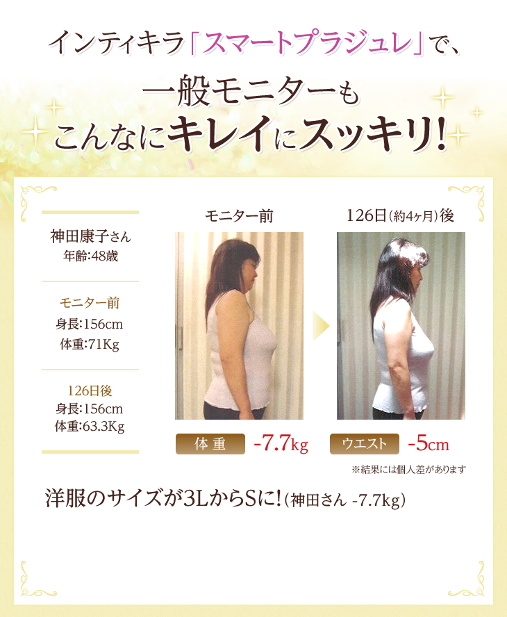 インティキラ「スマートプラジュレ」で、一般モニターもこんなにキレイにスッキリ!│洋服のサイズが３LからSに！（神田さん -7.7kg）